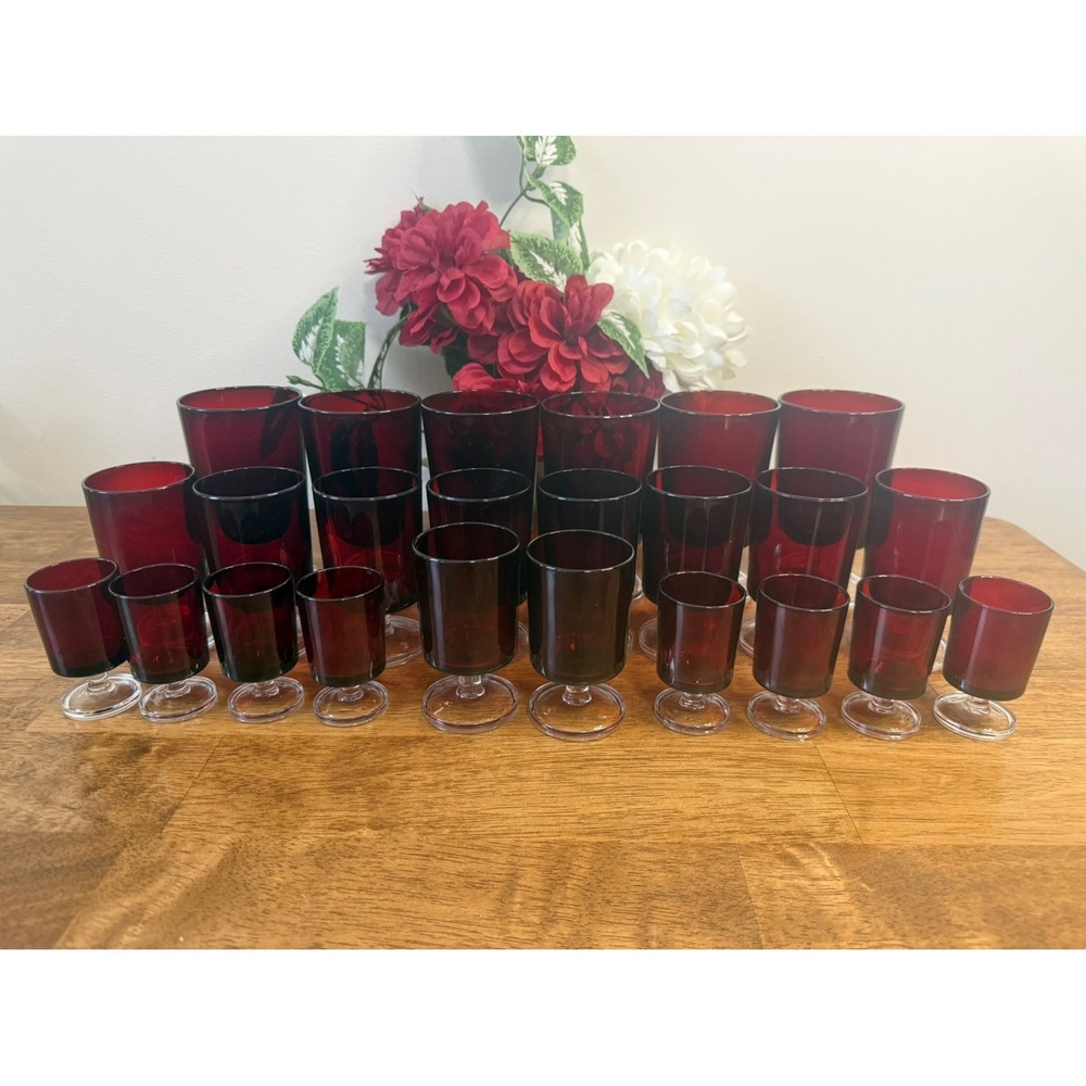 Vintage Luminarc Ruby‎ Red Pedestal Barware Set Holiday Glassware Collection MCM